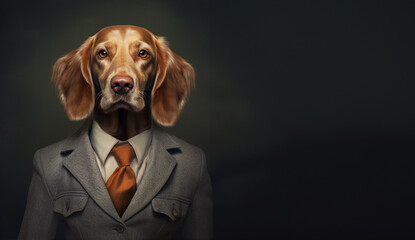 Banner with a pointer, purebred dog in a business suit. Elegant and stylish advertisment with copy space.