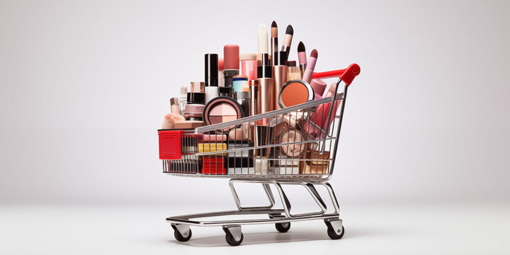 cosmetics with accessories in shopping cart filled with makeup isolated on HD background Online cosmetic Shopping concept 