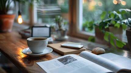 On a wooden table by the window there is a cup of steaming coffee with a magazine. Morning aromatic drink - Powered by Adobe