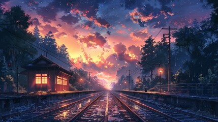 Railway rails and an evening landscape - obrazy, fototapety, plakaty