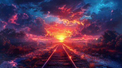 A railroad rail landscape in the evening - obrazy, fototapety, plakaty