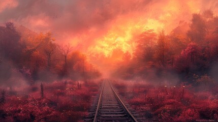 Landscape with railroad tracks in the evening - obrazy, fototapety, plakaty