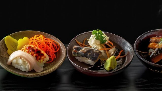 seven traditional japanese dishes in a row  with dramatic lighting