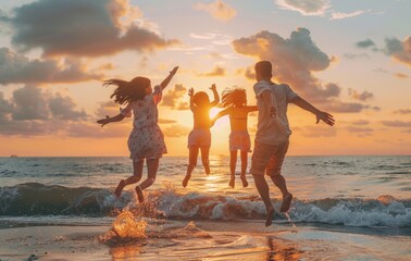 Silhouettes of a family are jumping and playing on the beach, against a beautiful sunset backdrop