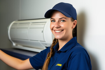 Cute female technician installing air conditioner
expert HVAC worker installing repairing air conditioner, 