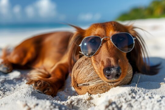 This charming image captures a relaxed dachshund dog wearing sunglasses, comfortably lying on a beach, evoking a sense of leisure and summer vibes