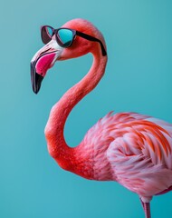 A stylish flamingo with sunglasses posing against a vibrant turquoise background