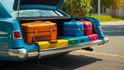 Car with open trunk, suitcases on the road, summer tourism
