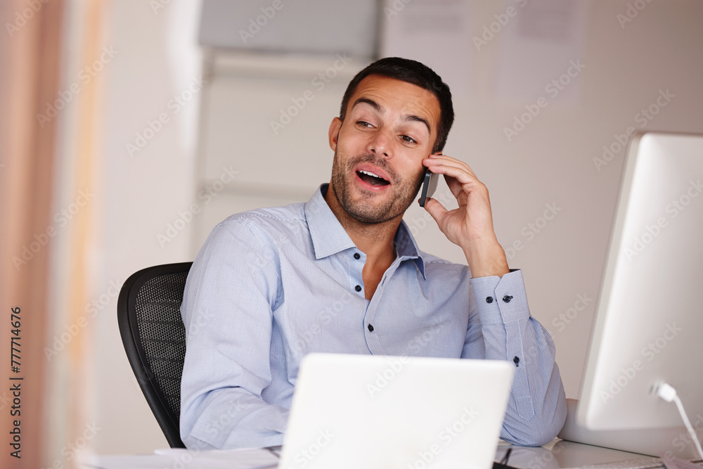Poster man, surprise and phone call in office for networking, computer and business deal negotiation. male 