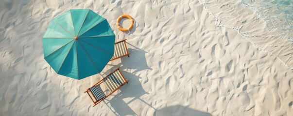 A relaxing beach scene with a single blue umbrella, a wooden chair, and a lifebuoy laid neatly on sandy beach texture, shadows indicating sunny weather