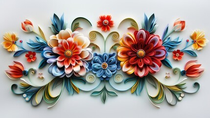 piece of quilling art that interprets the Norwegian Rosemaling technique, using flowing lines and floral designs to capture the essence of this traditional Norwegian decorative painting style