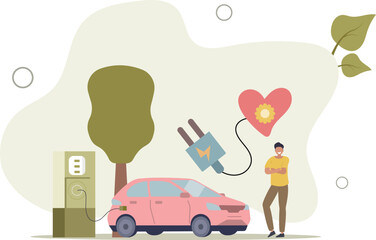 charging an electric car at a special station. the concept of purity of nature.