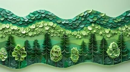quilling art landscape of a reforestation area, showing young trees and regrowth, using green shades of sustainable papers, to inspire reforestation efforts and forest recovery initiatives.