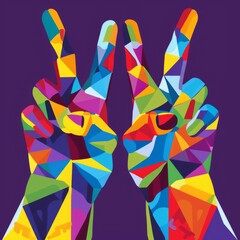 Vibrant abstract illustration of two hands making the peace sign with a dynamic geometric pattern