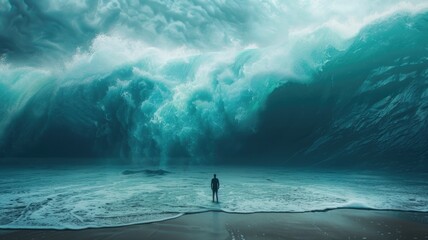 dream where person facing a giant wave in their dream, symbolizing overwhelming challenges or emotions