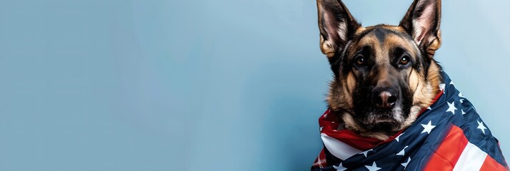 German Shepherd wrapped in American flag on blue background. Independence Day, Memorial Day, Veterans Day concept. Design for banner, header with copy space - obrazy, fototapety, plakaty