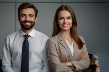 Two successful businesspeople standing back to back with arms crossed and smiling at camera, posing in modern office interior, copy space. Successful businessman and businesswoman
