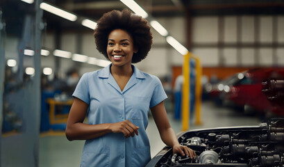 An African girl in work clothes works at an automobile factory. - obrazy, fototapety, plakaty