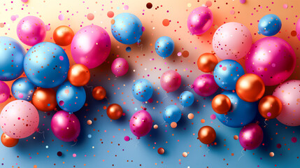balloons and confetti on color top view. Festive background with place for text