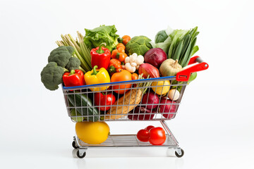 Shopping cart filled with a variety vegetables, vegetables in cart on white background, Online Shoping Concept