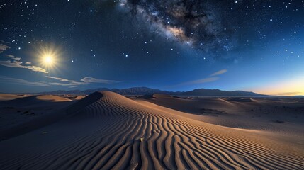 A moonlit desert landscape, the dunes casting long shadows under the night sky, stars twinkling above in vast numbers, evoking a sense of mystery and the sublime vastness of the universe. - obrazy, fototapety, plakaty