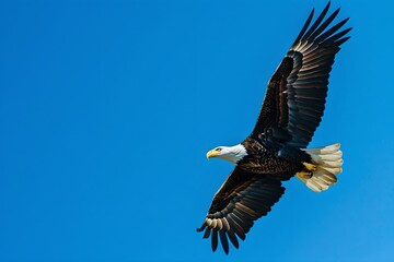 Obraz premium Bald eagle in flight against blue sky. Memorial Day and Independence Day. Wildlife concept. Design for banner, poster with copy space