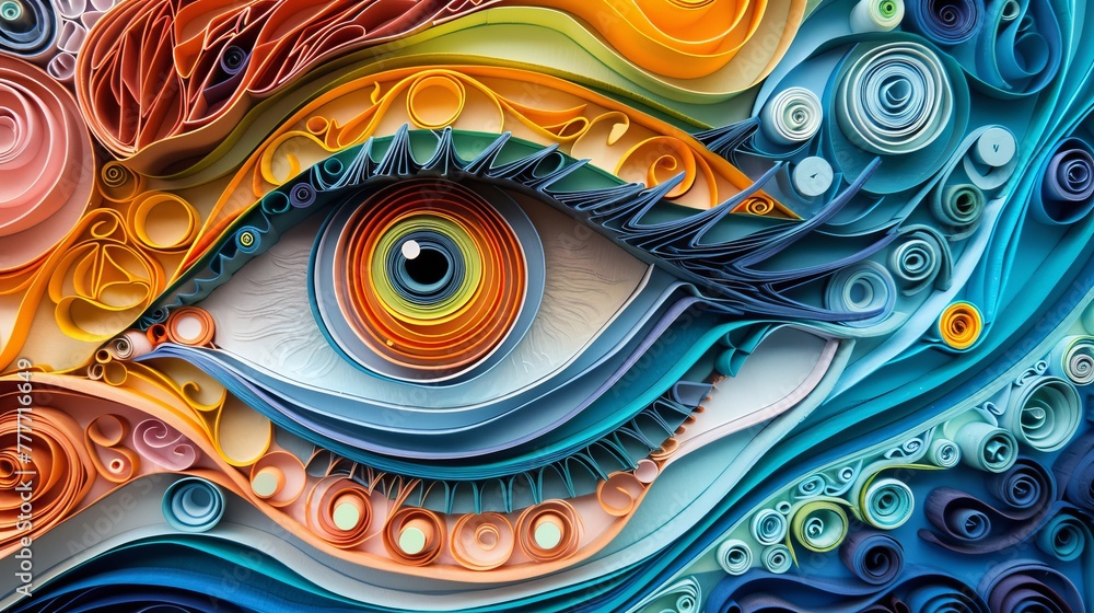 Poster quilling paper art that incorporates optical illusions, using geometric shapes and patterns to trick