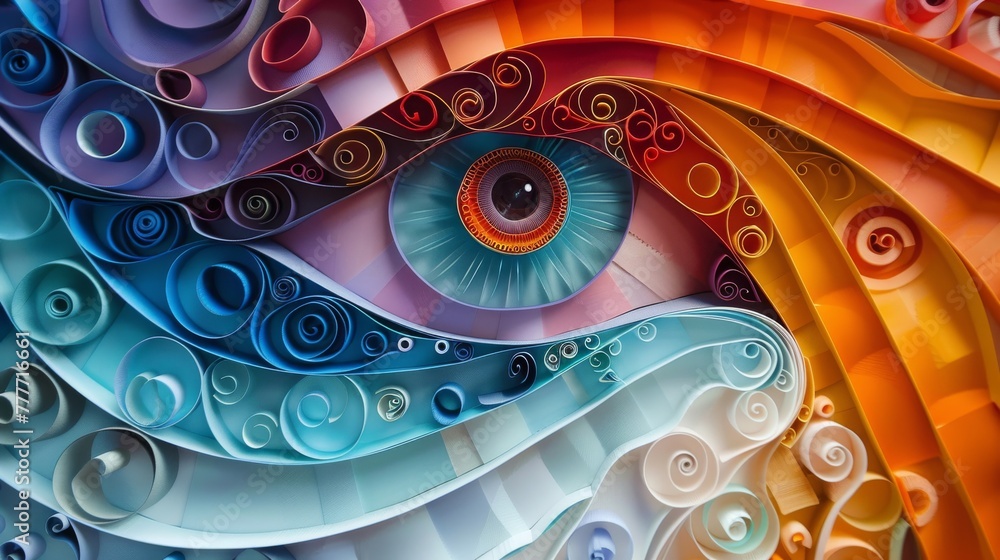 Poster quilling paper art that incorporates optical illusions, using geometric shapes and patterns to trick