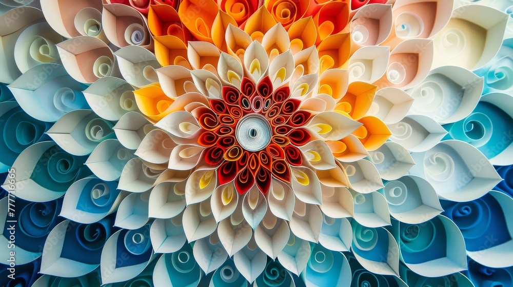 Poster quilling paper art that incorporates optical illusions, using geometric shapes and patterns to trick