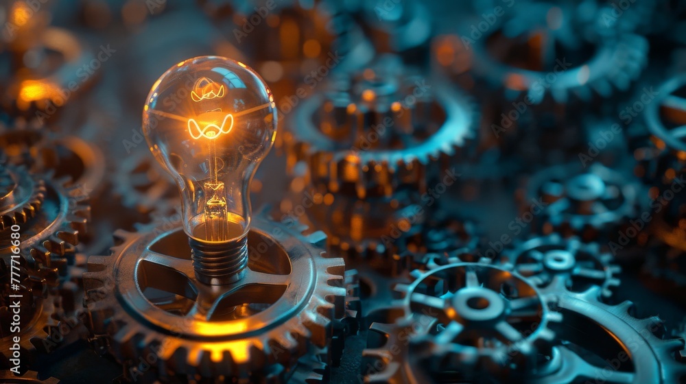 Poster light bulb surrounded by gears, representing the process of generating innovative ideas through brai