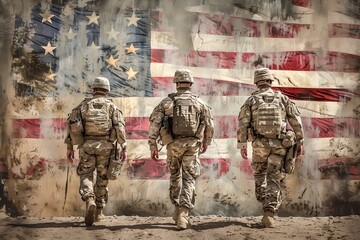 Group of soldiers walking in front of a grunge American flag. Independence Day and Memorial Day, Veterans Day concept. Illustration for design, print, poster