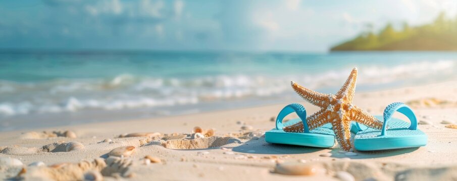 Flip-flops paired with a starfish laid out on sandy beach evoke feelings of relaxation and vacation times