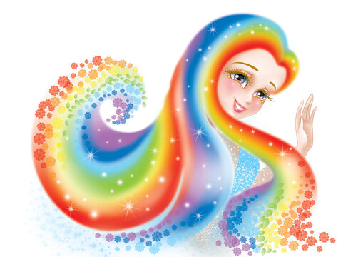 Raster illustration, picture, drawing - a beautiful cute fairy with rainbow eyes with hair made of a shining rainbow consisting of multi-colored flowers