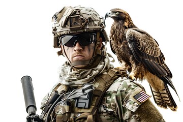 Soldier with bald eagle on his shoulder on white background. Independence Day and Memorial Day concept. 4th of July. National symbol. Design for banner, poster