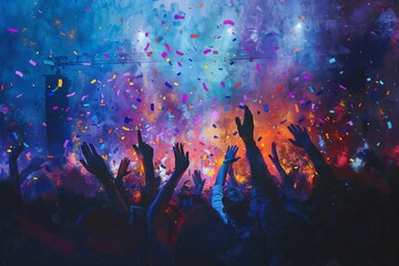 An exuberant crowd with hands up is celebrating a joyful event with colorful confetti in a festive atmosphere. 