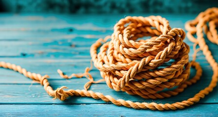 Rope tied in a knot on a wooden surface. - Powered by Adobe