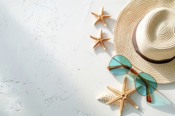 Top-down view of straw hat, sunglasses, starfish on a textured surface, evoking feelings of wanderlust and beach vibes
