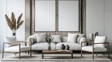 mock poster frame with modern interior living room background.