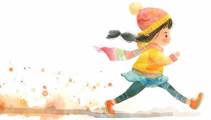 Playful Child in Colorful Winter Clothes - Watercolor Illustration