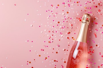 Elegant image depicting a rosé champagne bottle with cascading confetti on a gentle pastel pink backdrop