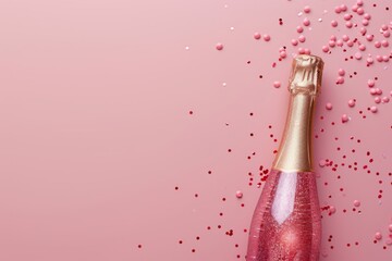 Pink champagne bottle with excited cork popping surrounded by confetti on a pink background, symbolizing celebration and luxury