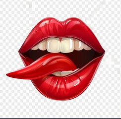 Glossy, red cartoon mouth with a fiery chili pepper on the tongue, symbolizing heat and spicy flavors