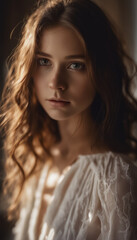 Fototapeta premium Girl in white dress In a room with the lights out.