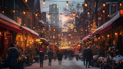 City Escapades: Showcase bustling city streets with holiday shoppers, street performers, and festive decorations, capturing urban holiday vibes