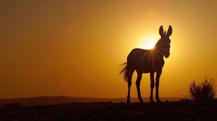 Fototapeta na wymiar Silhouette of donkey standing against sunset sky with sun rays beaming around its form