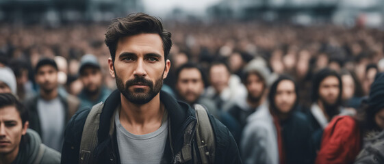 A man with a beard in front of a blurry crowd - obrazy, fototapety, plakaty