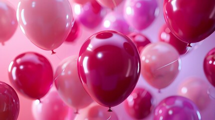 Multiple shiny balloons in shades of pink and purple, floating with reflections