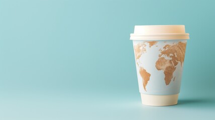Paper coffee cup with world map design on light blue background