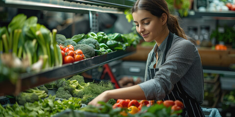 Woman choosing fresh vegetables at grocery store