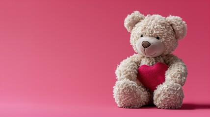 Obraz premium Plush bear holding red heart against pink background